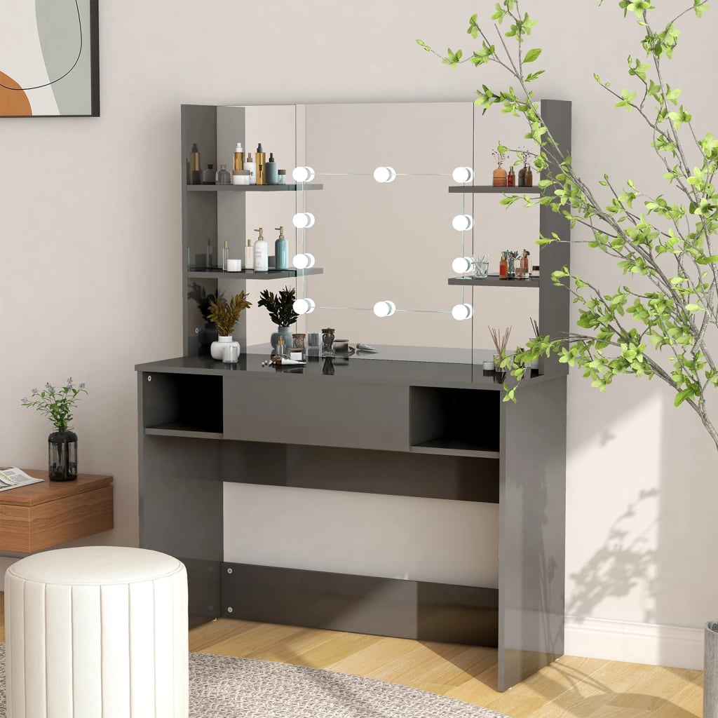 Modern Wooden Makeup Vanity Desk Dressing Table With LED Lights Mirror & Storage