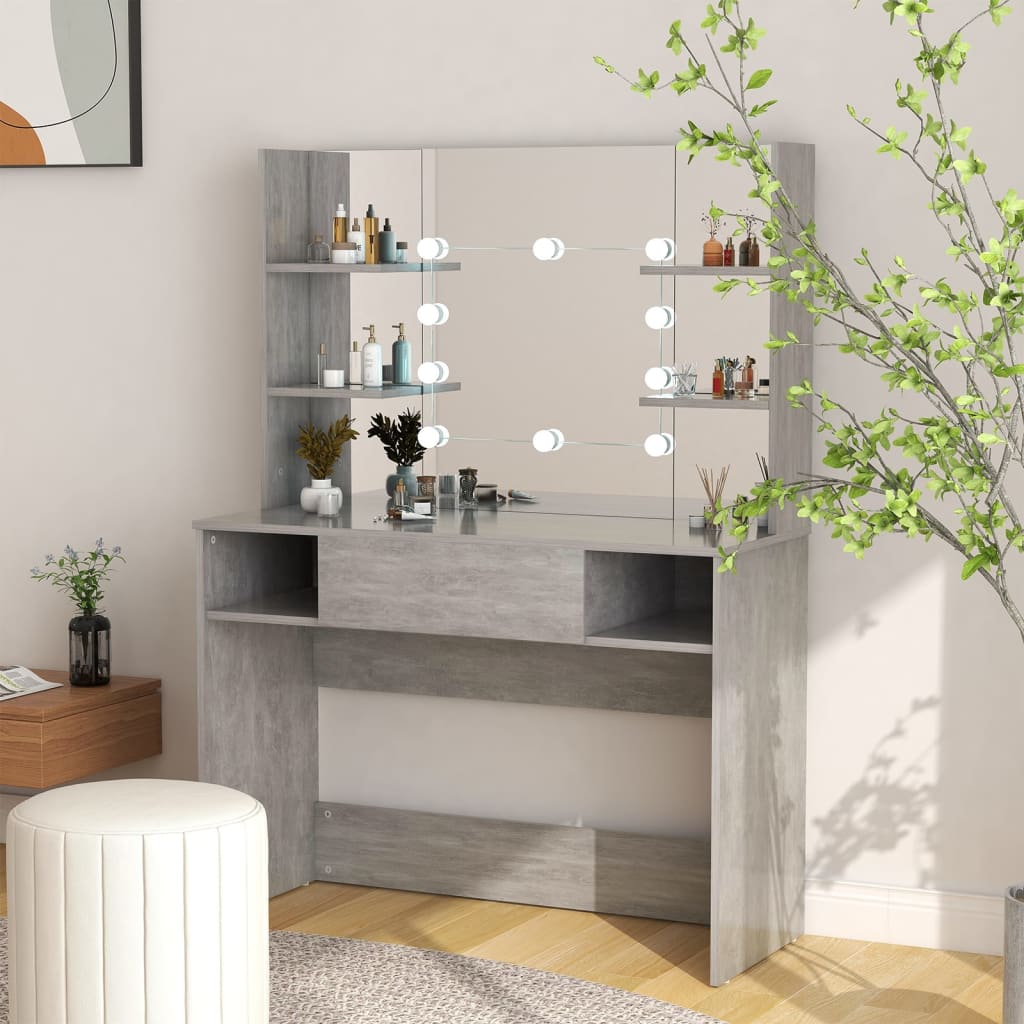 Modern Wooden Makeup Vanity Desk Dressing Table With LED Lights Mirror & Storage