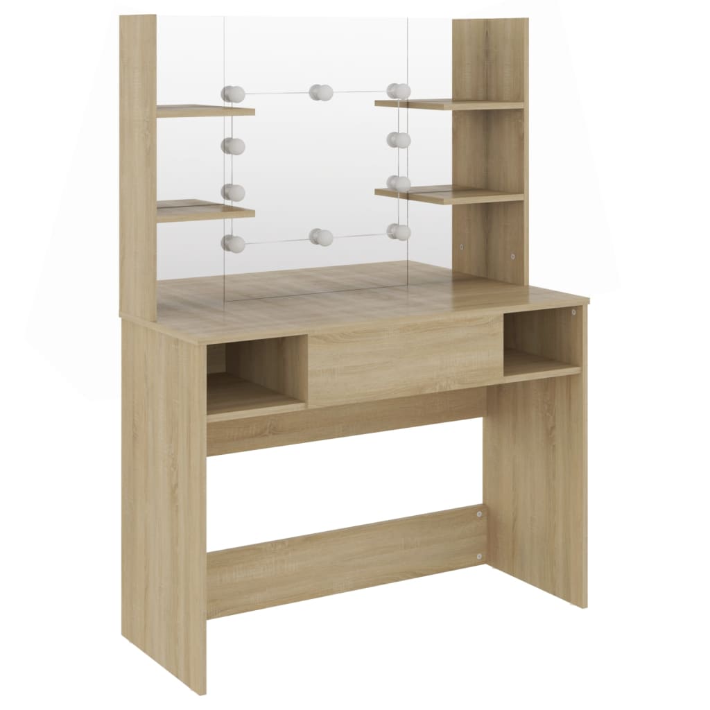 Modern Wooden Makeup Vanity Desk Dressing Table With LED Lights Mirror & Storage