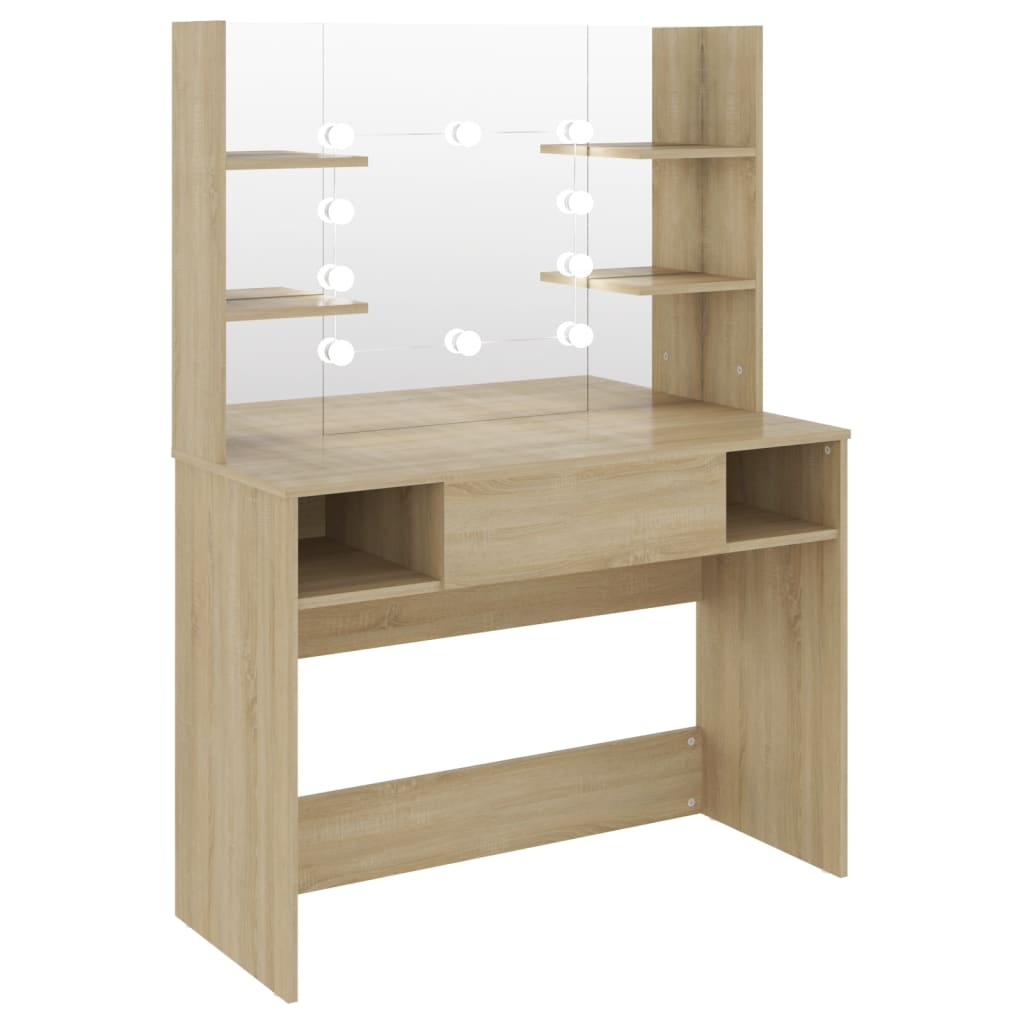 Modern Wooden Makeup Vanity Desk Dressing Table With LED Lights Mirror & Storage