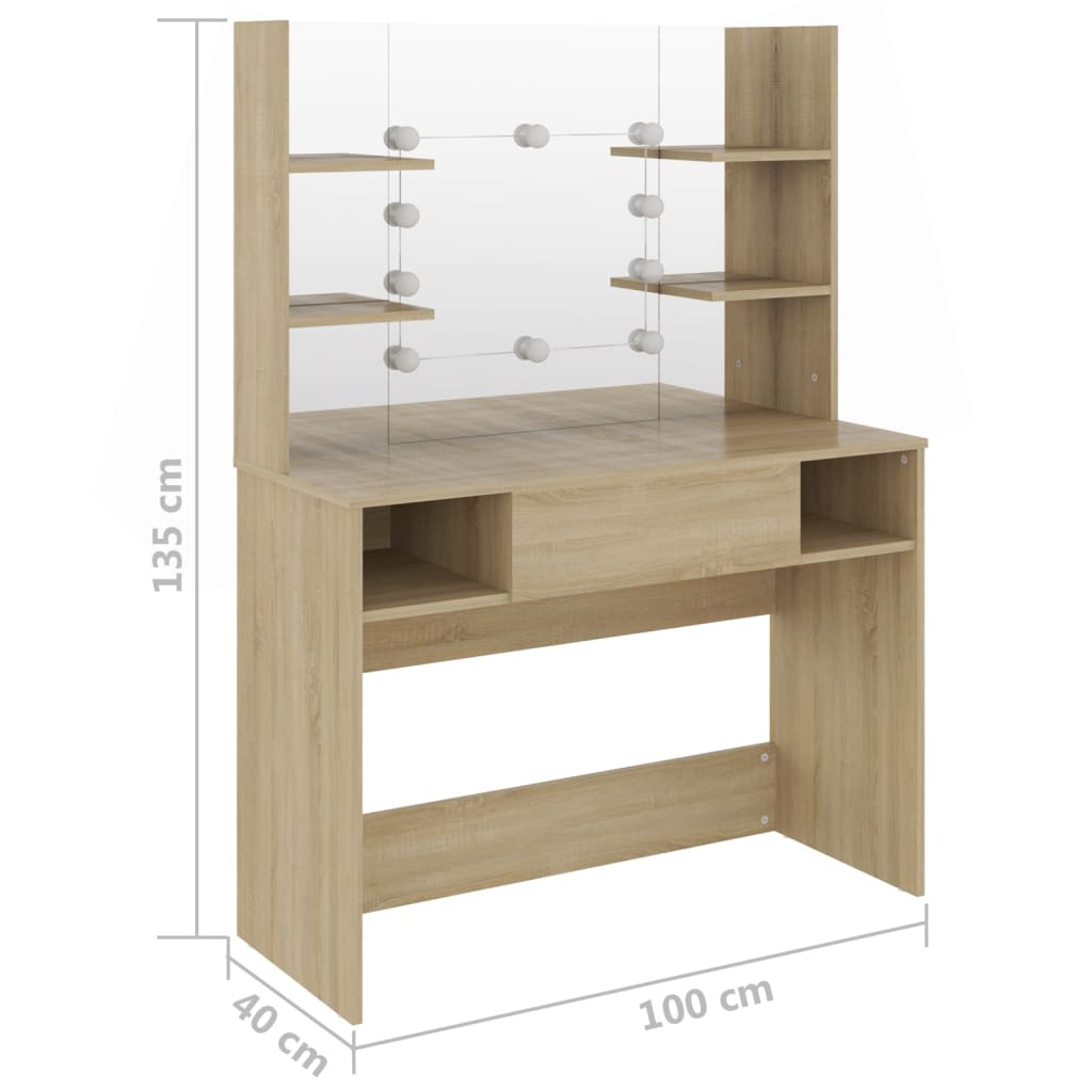 Modern Wooden Makeup Vanity Desk Dressing Table With LED Lights Mirror & Storage