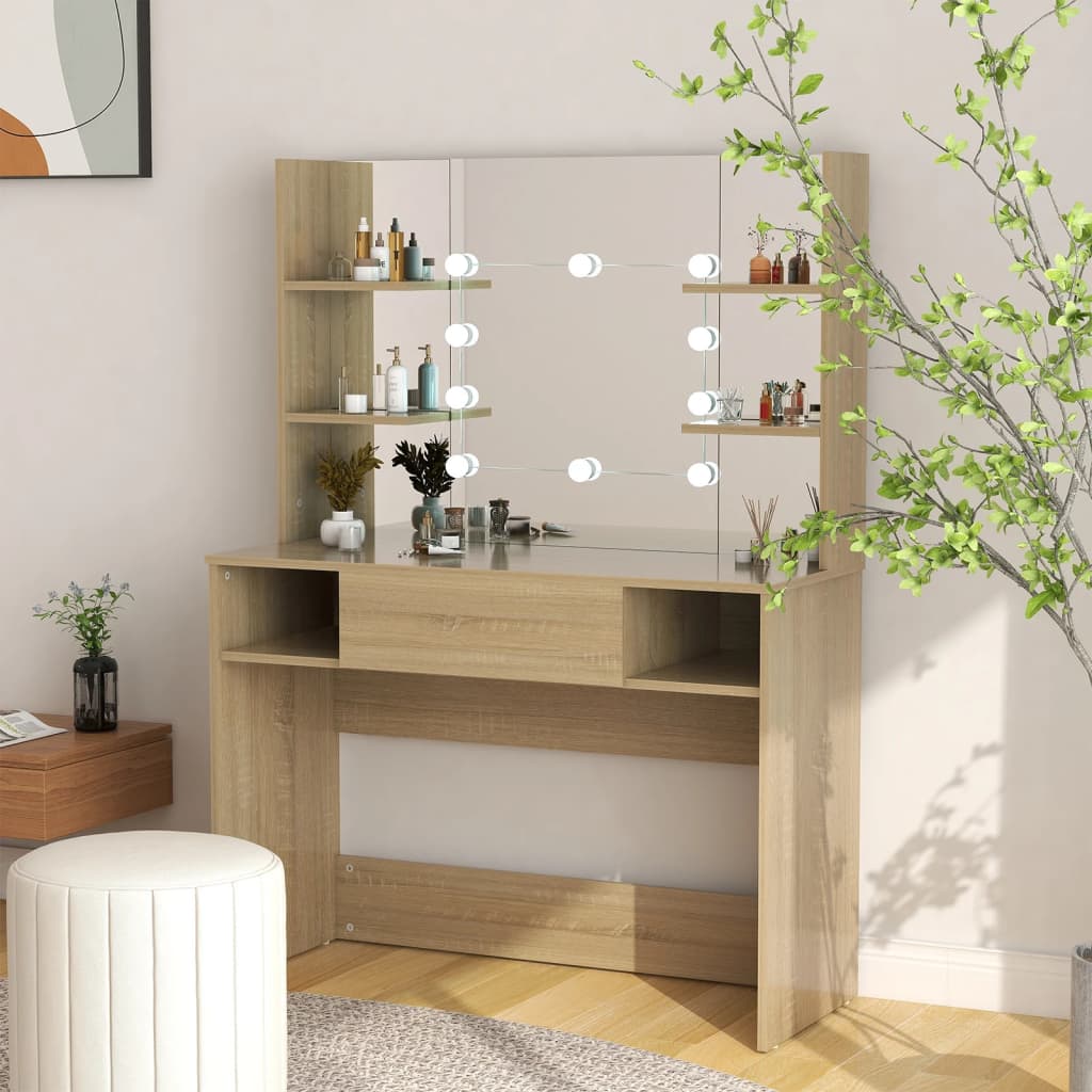 Modern Wooden Makeup Vanity Desk Dressing Table With LED Lights Mirror & Storage
