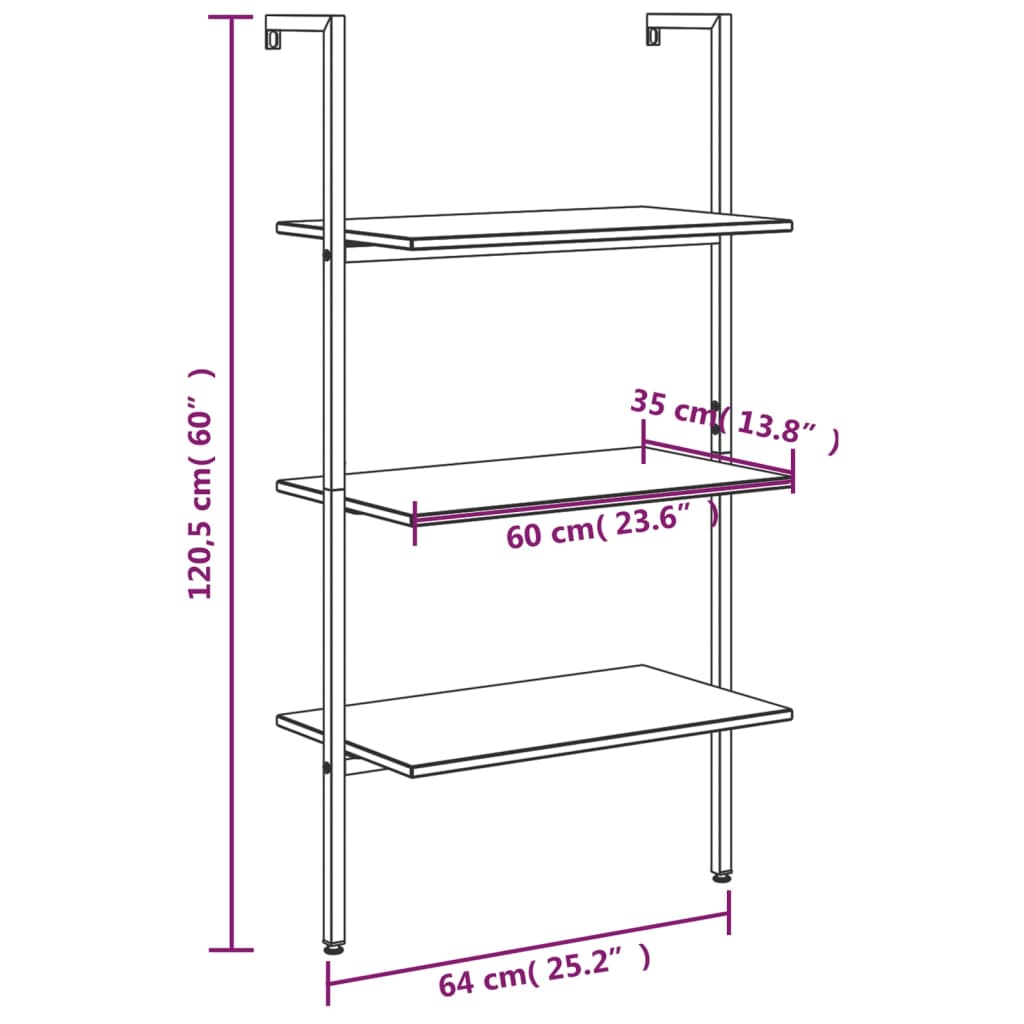 3-Tier Leaning Shelf Light Brown and Black 64x35x120.5 cm