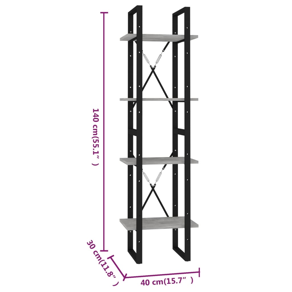 4-Tier Book Cabinet Concrete Grey 40x30x140 cm Engineered Wood