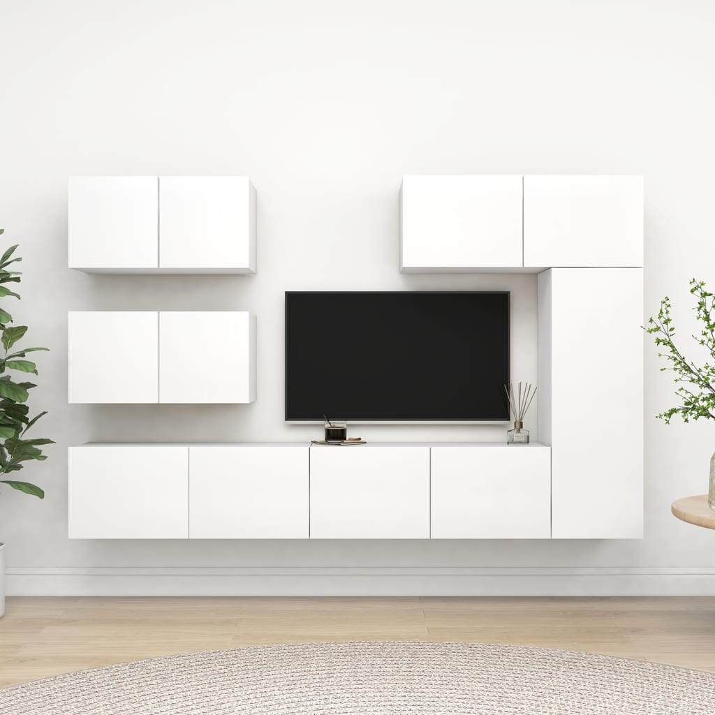 6 Piece TV Cabinet Set White Engineered Wood