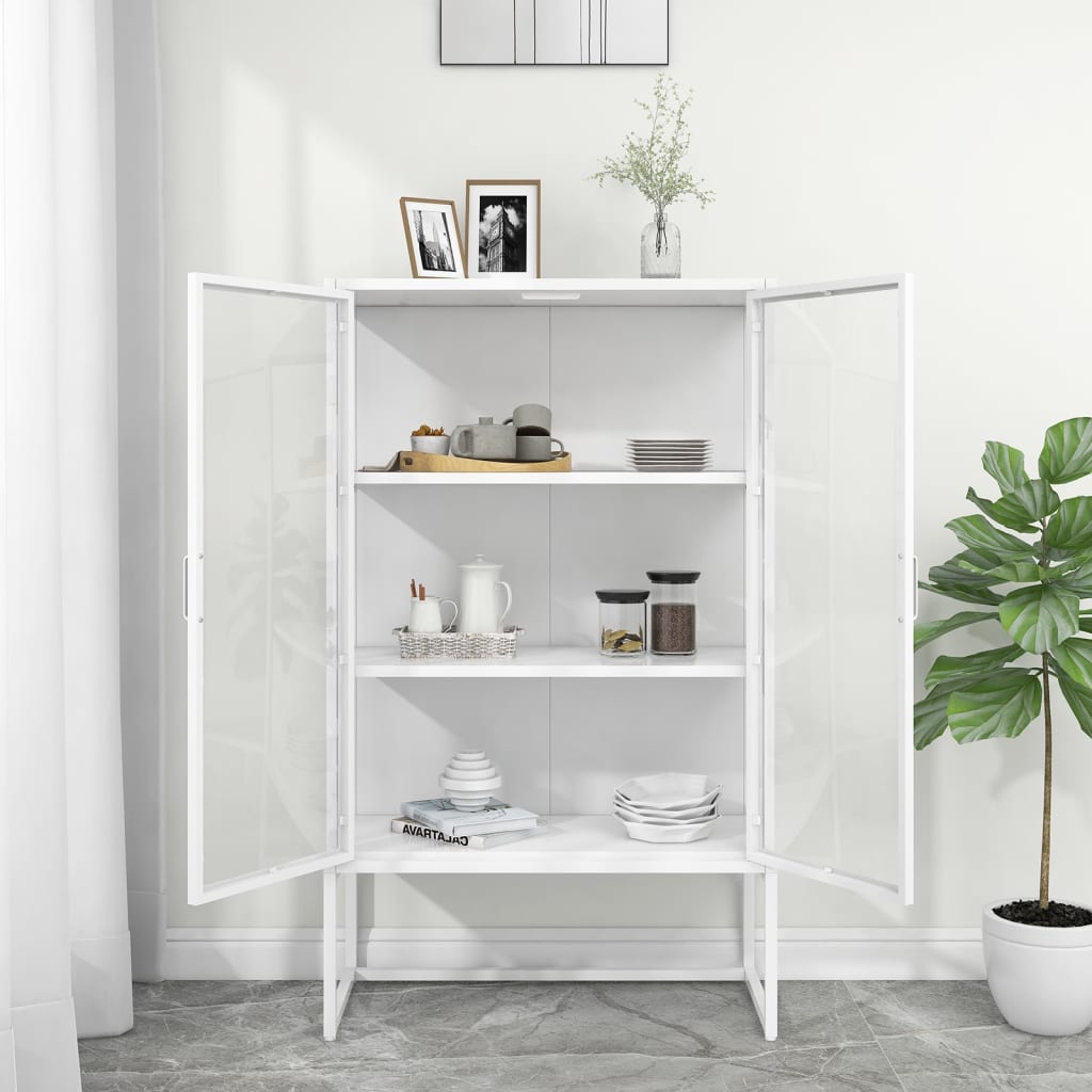Highboard White 80x35x135 cm Steel and Tempered Glass