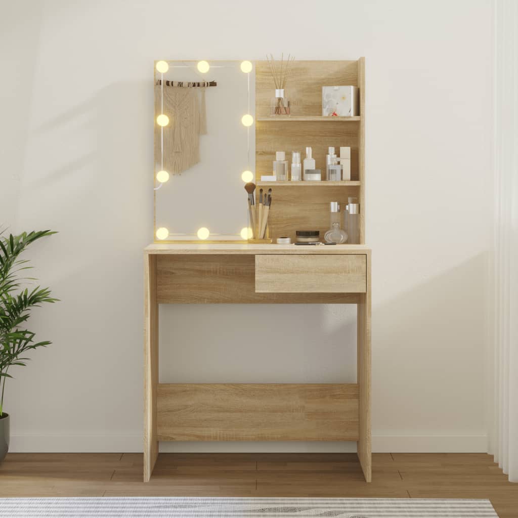 Modern Wooden Dressing Table Makeup Vanity Desk With LED Mirror & Drawer