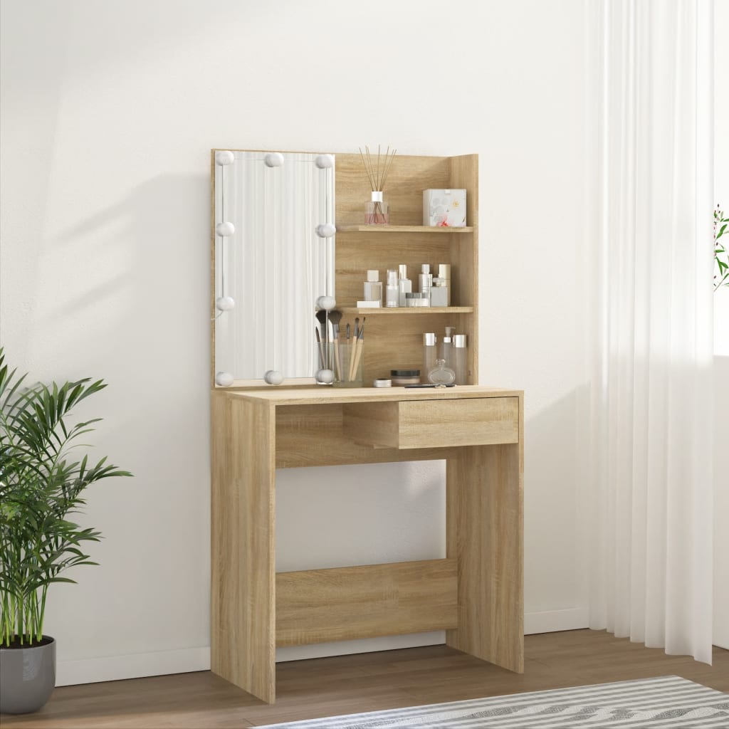Modern Wooden Dressing Table Makeup Vanity Desk With LED Mirror & Drawer