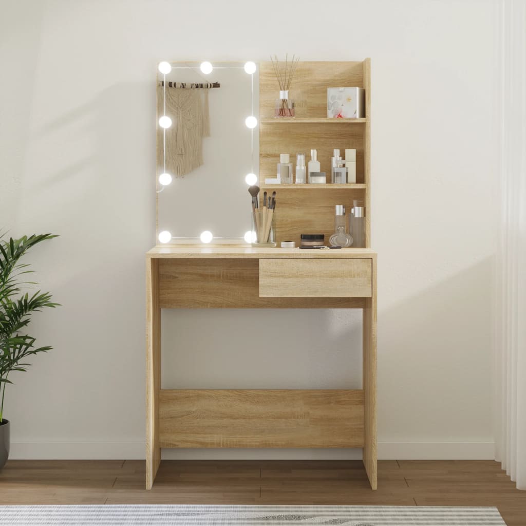 Modern Wooden Dressing Table Makeup Vanity Desk With LED Mirror & Drawer