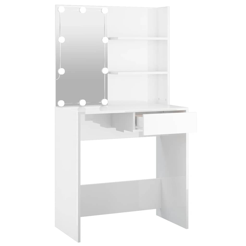 Dressing Table with LED High Gloss White 74.5x40x141 cm