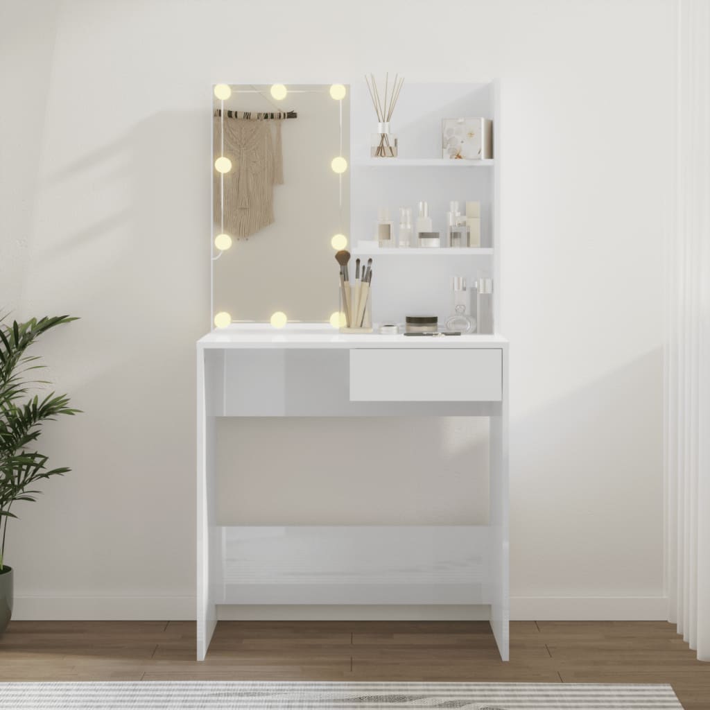 Modern Wooden Dressing Table Makeup Vanity Desk With LED Mirror & Drawer