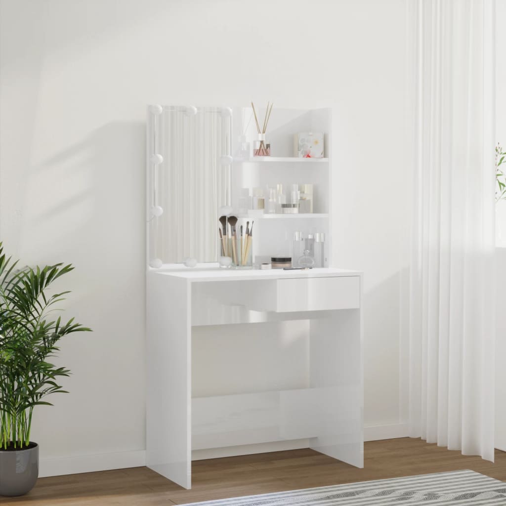 Modern Wooden Dressing Table Makeup Vanity Desk With LED Mirror & Drawer