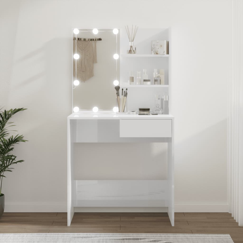 Modern Wooden Dressing Table Makeup Vanity Desk With LED Mirror & Drawer