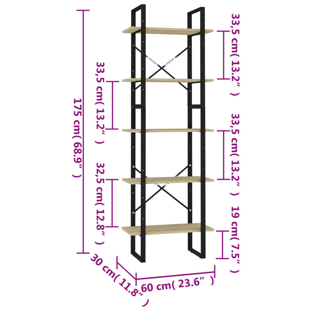 5-Tier Book Cabinet Sonoma Oak 60x30x175 cm Engineered Wood
