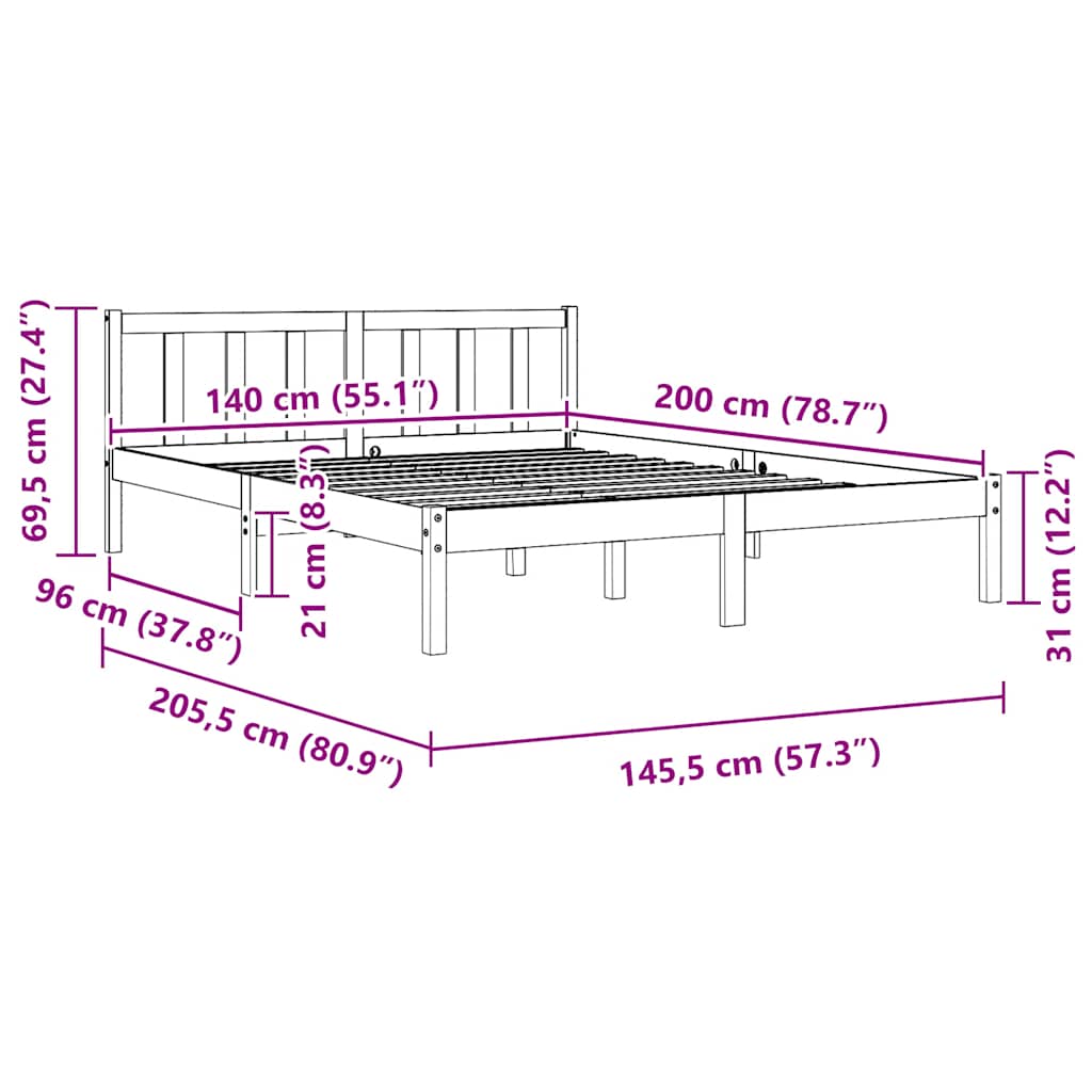 810086 vidaXL Bed Frame without Mattress Black Solid Wood 140x200 cm