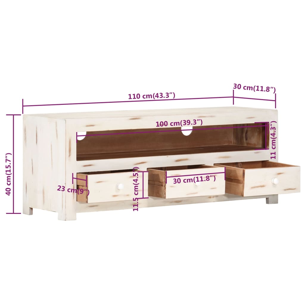 TV Cabinet Solid Wood Acacia 110x30x40 cm White