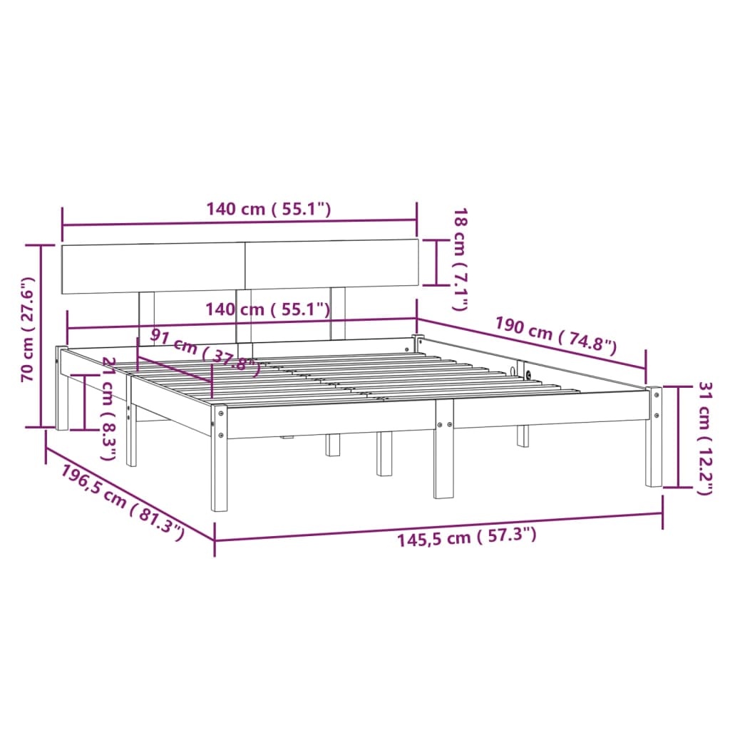 Bed Frame without Mattress Black Solid Wood 140x190 cm