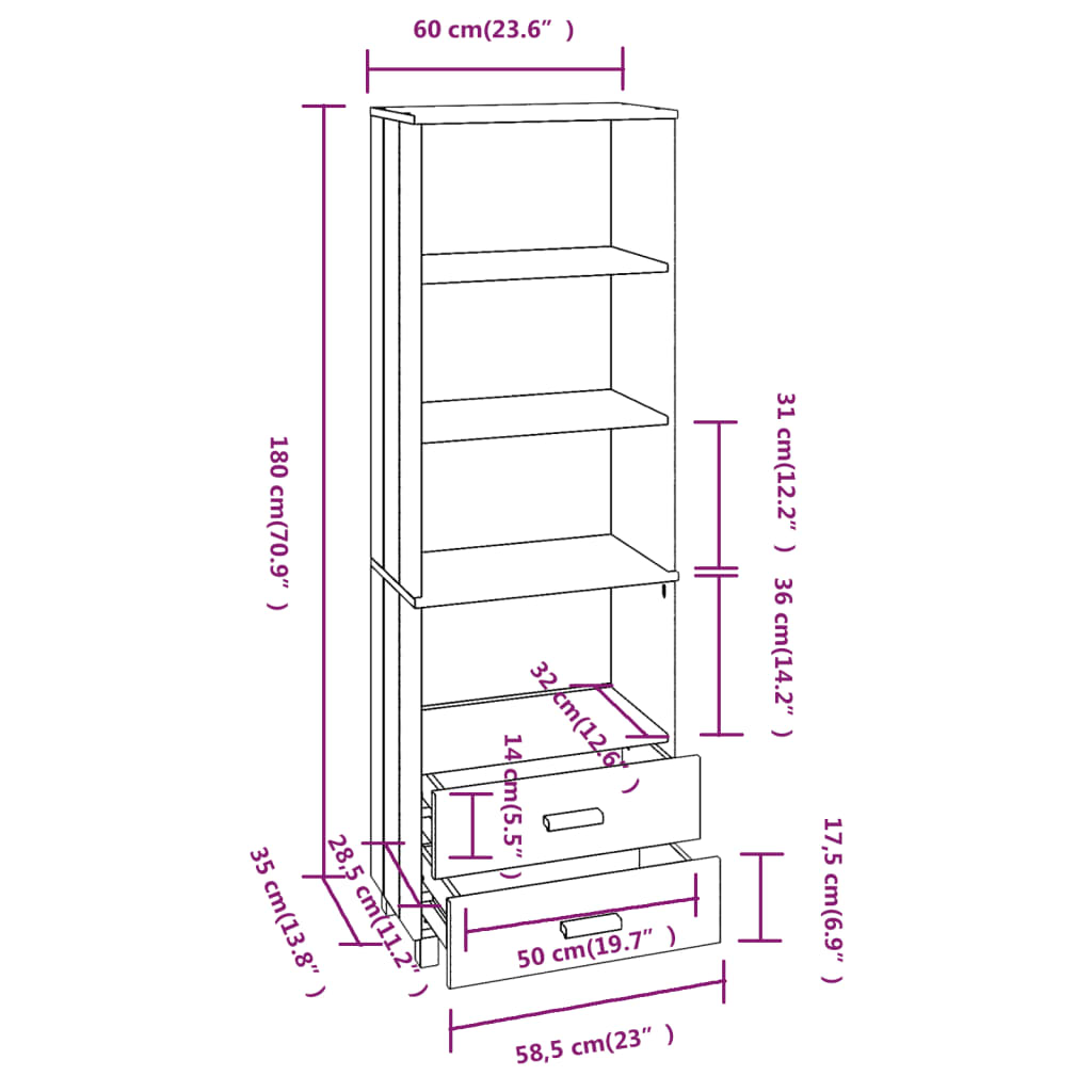 Highboard HAMAR Dark Grey 60x35x180 cm Solid Wood Pine