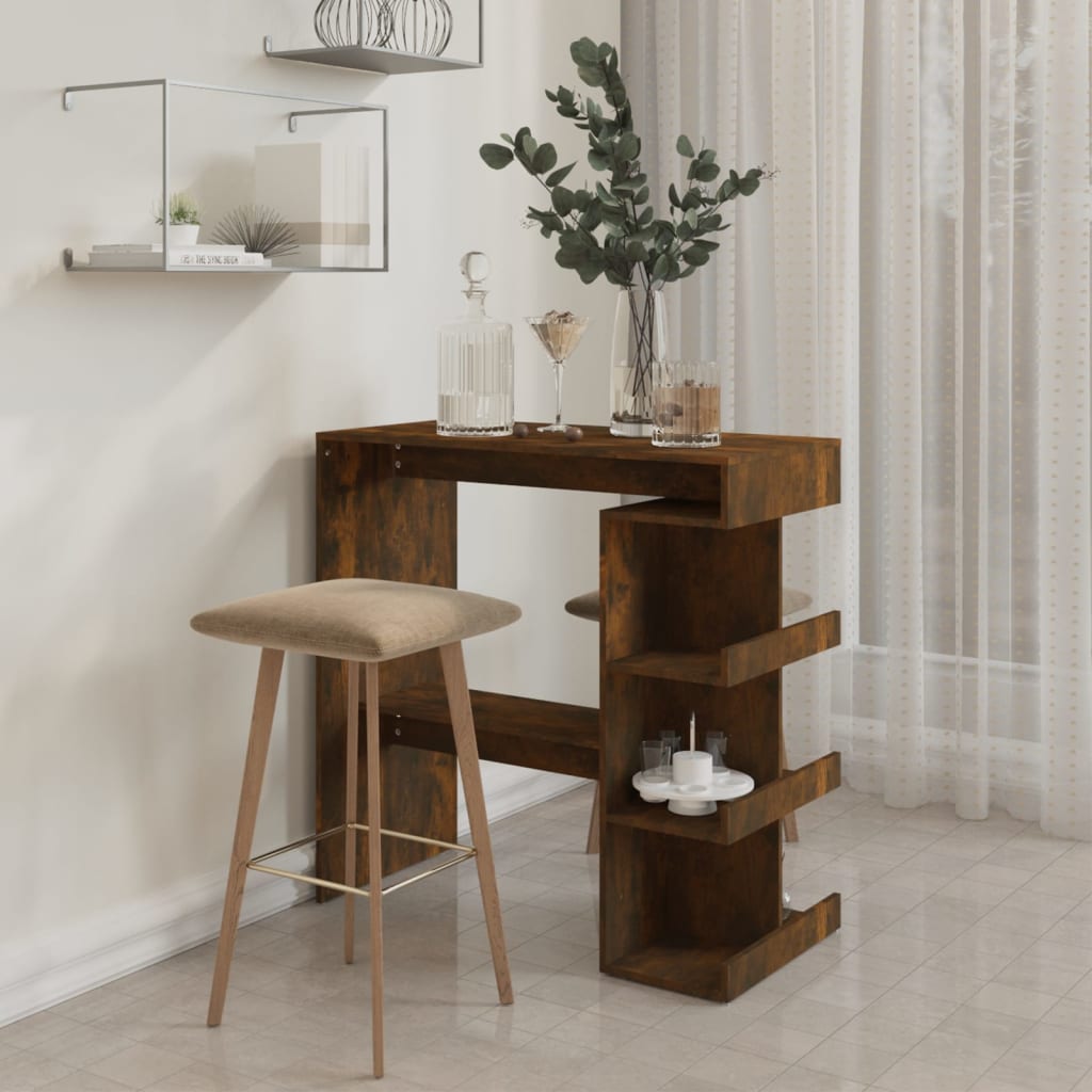 Modern Wooden High Kitchen Bar Dining Table With Open Storage Shelves Wood Tables