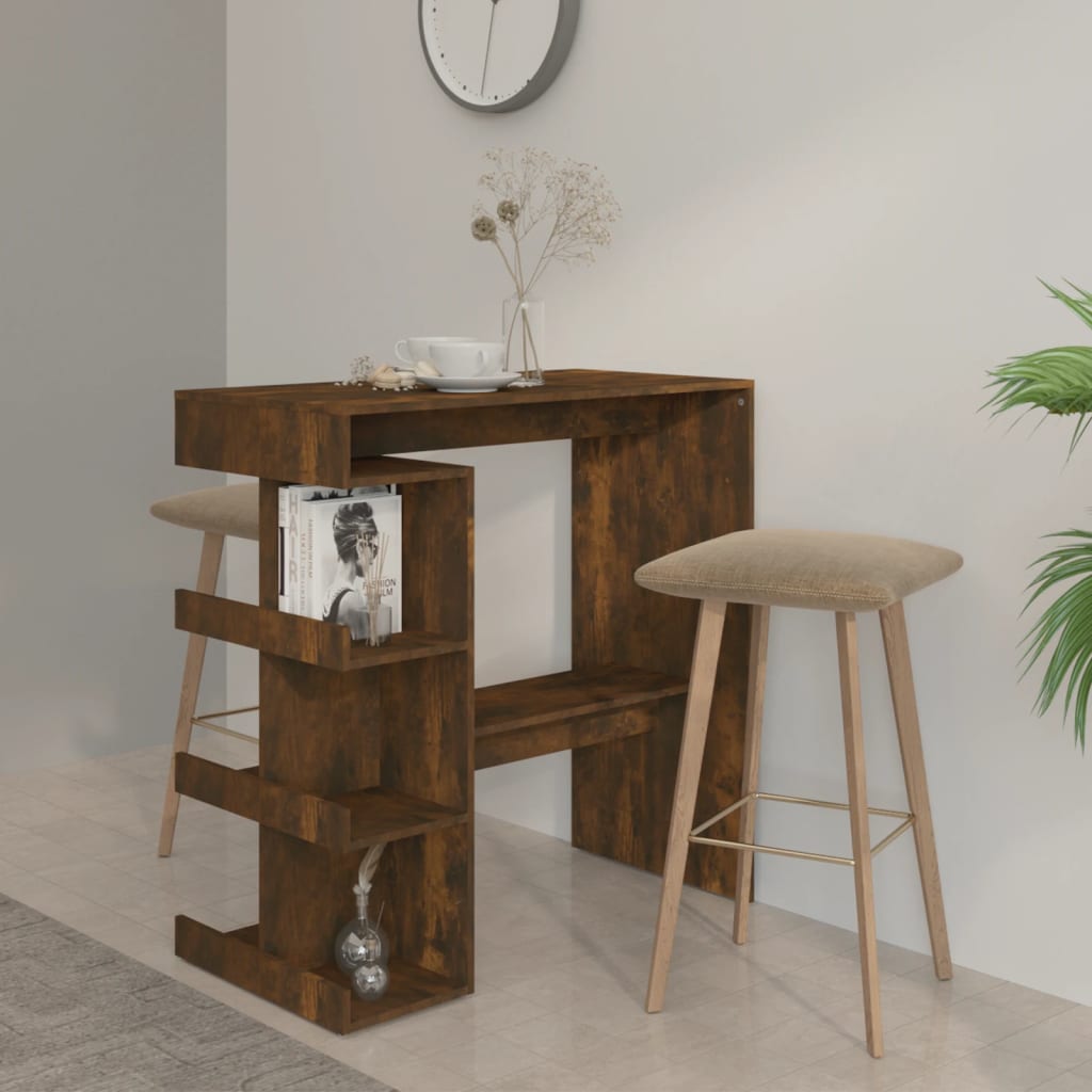 Modern Wooden High Kitchen Bar Dining Table With Open Storage Shelves Wood Tables