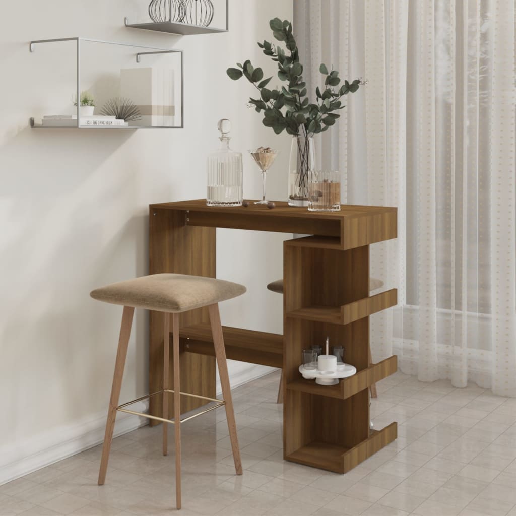 Modern Wooden High Kitchen Bar Dining Table With Open Storage Shelves Wood Tables