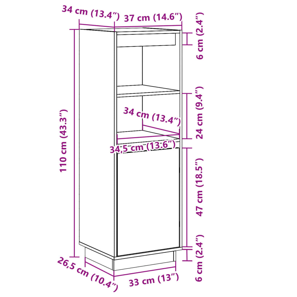 Highboard Grey 37x34x110 cm Solid Wood Pine