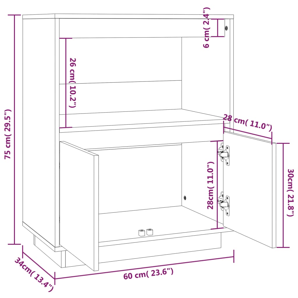 Sideboard White 60x34x75 cm Solid Wood Pine