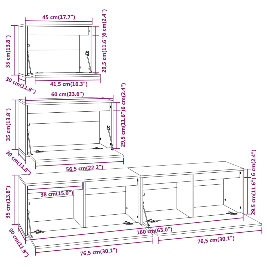TV Cabinets 4 pcs White Solid Wood Pine