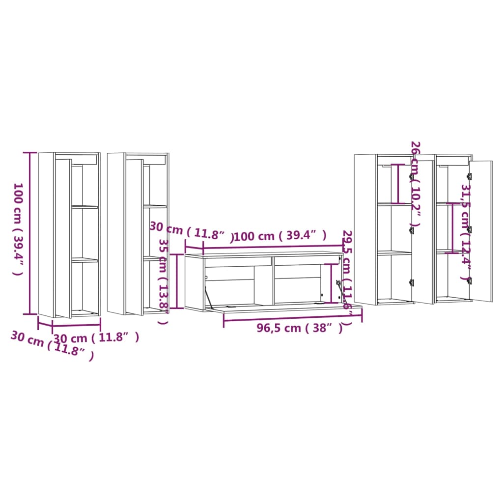 TV Cabinets 5 pcs Solid Wood Pine
