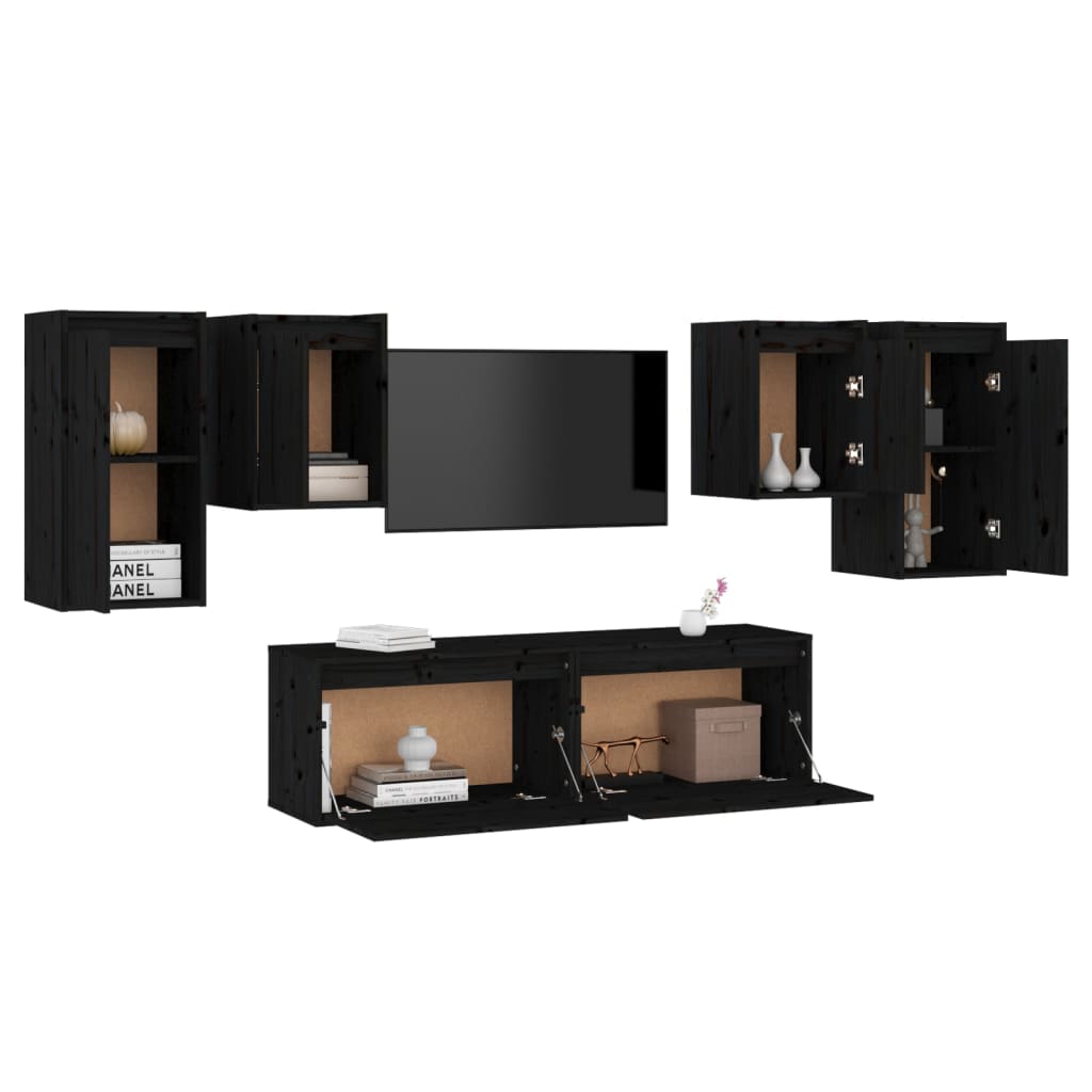 TV Cabinets 6 pcs Black Solid Wood Pine