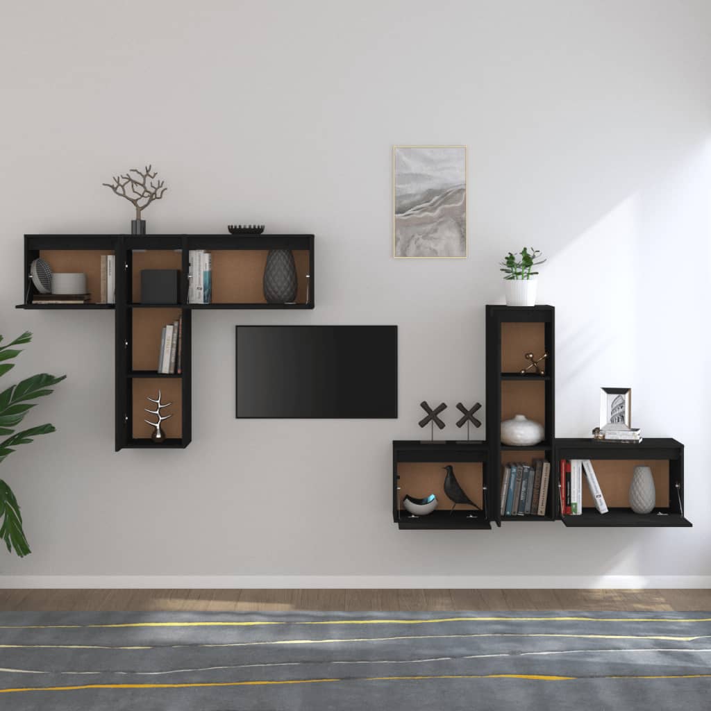 TV Cabinets 6 pcs Black Solid Wood Pine