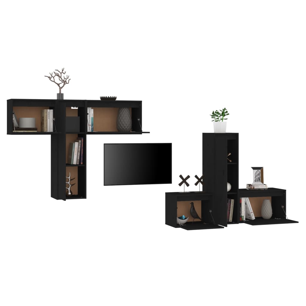 TV Cabinets 6 pcs Black Solid Wood Pine
