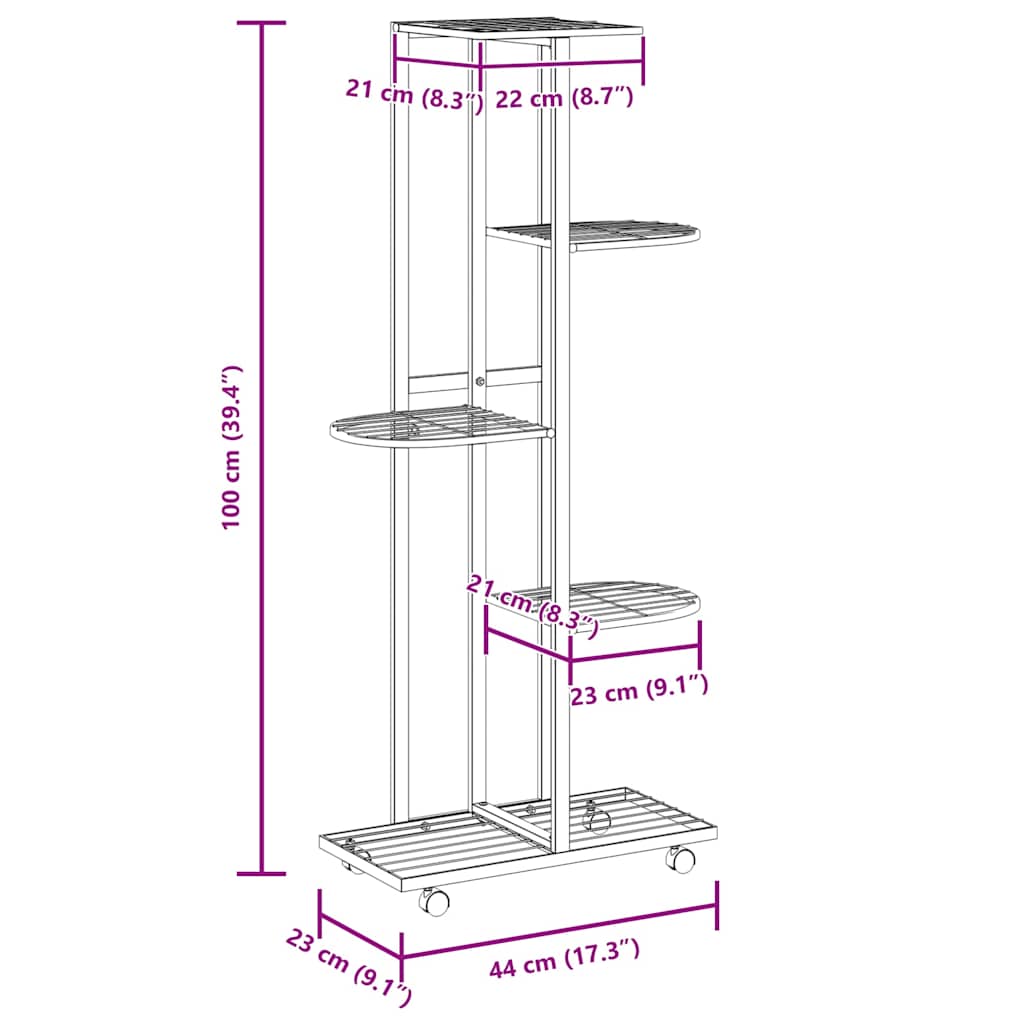5-Floor Flower Stand With Wheels 44X23X100 Cm Iron