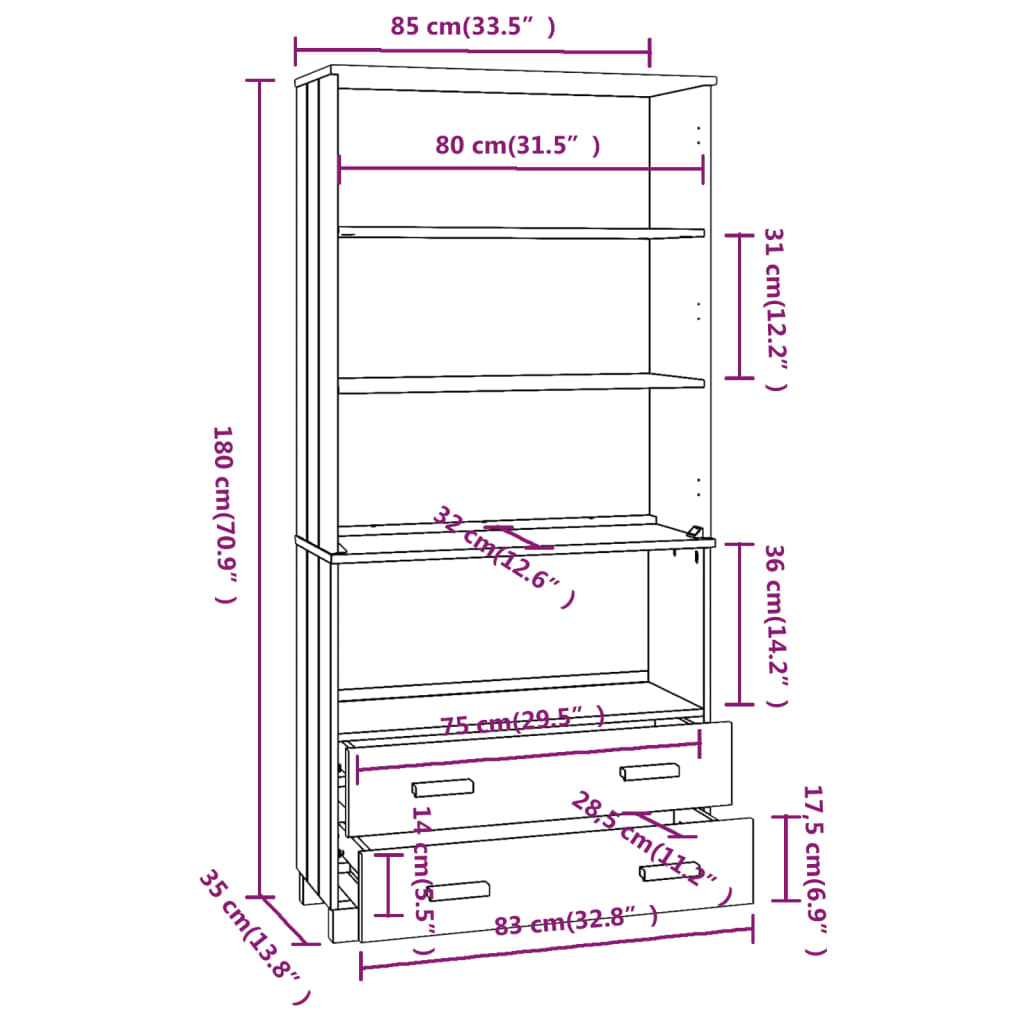 Highboard HAMAR Solid Wood Pine Dark Grey