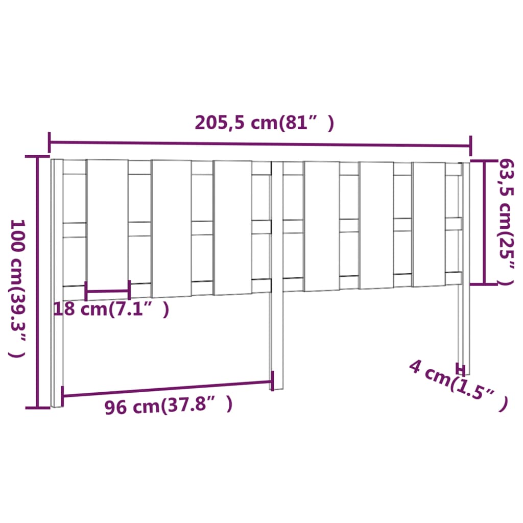 Bed Headboard Grey 205.5x4x100 cm Solid Wood Pine