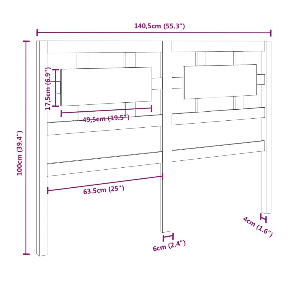 Bed Headboard Black 140.5x4x100 cm Solid Wood Pine