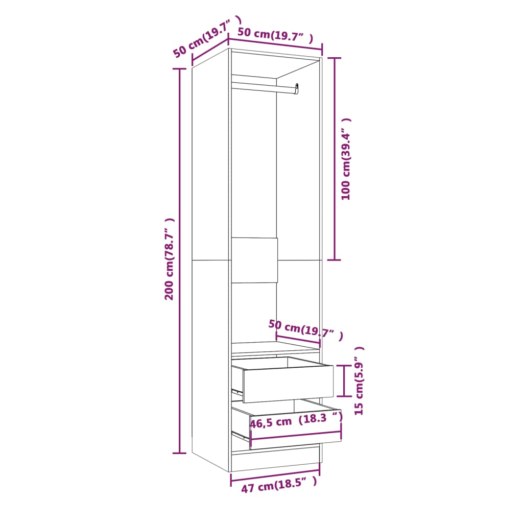 Modern Wooden 50cm Open Tall Bedroom Wardrobe With 2 Drawers Hanging Rail