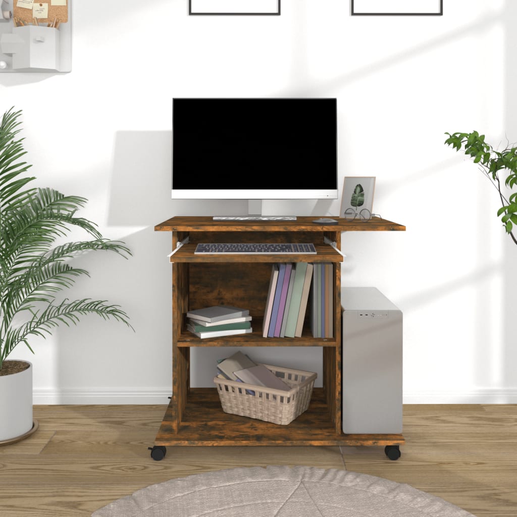 Modern Wooden Home Office Writing Computer Desk With Wheels & Keyboard Train