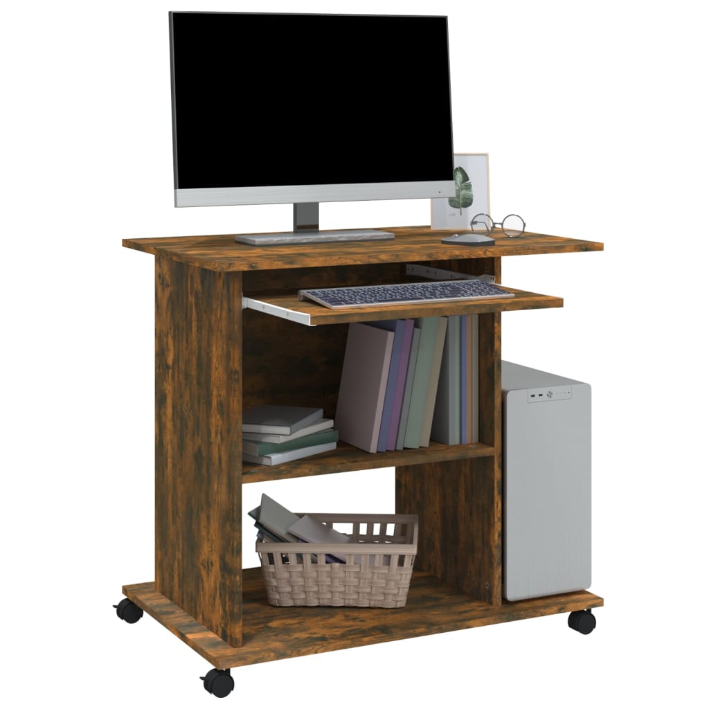 Modern Wooden Home Office Writing Computer Desk With Wheels & Keyboard Train