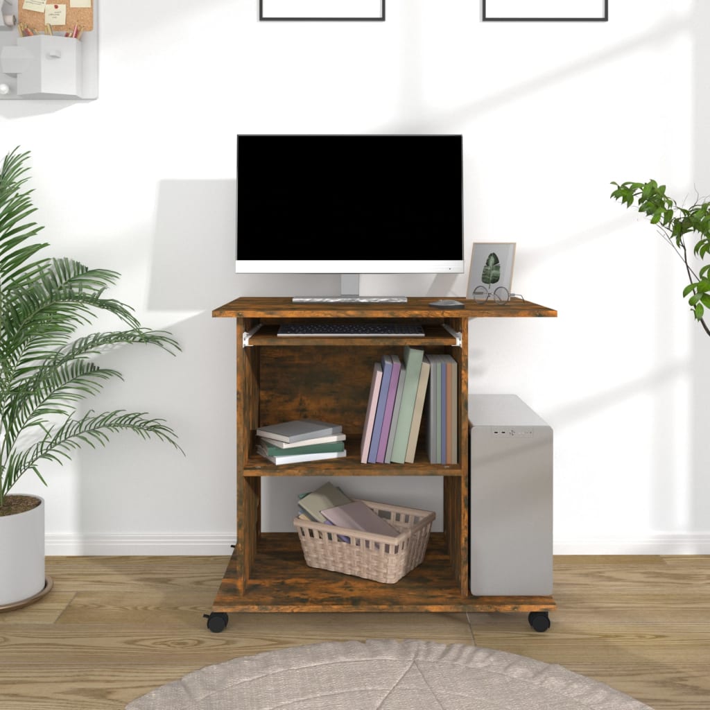 Modern Wooden Home Office Writing Computer Desk With Wheels & Keyboard Train