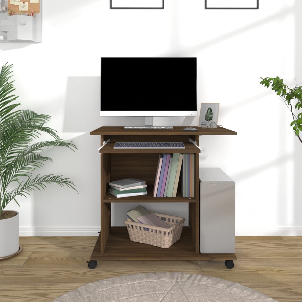 Modern Wooden Home Office Writing Computer Desk With Wheels & Keyboard Train