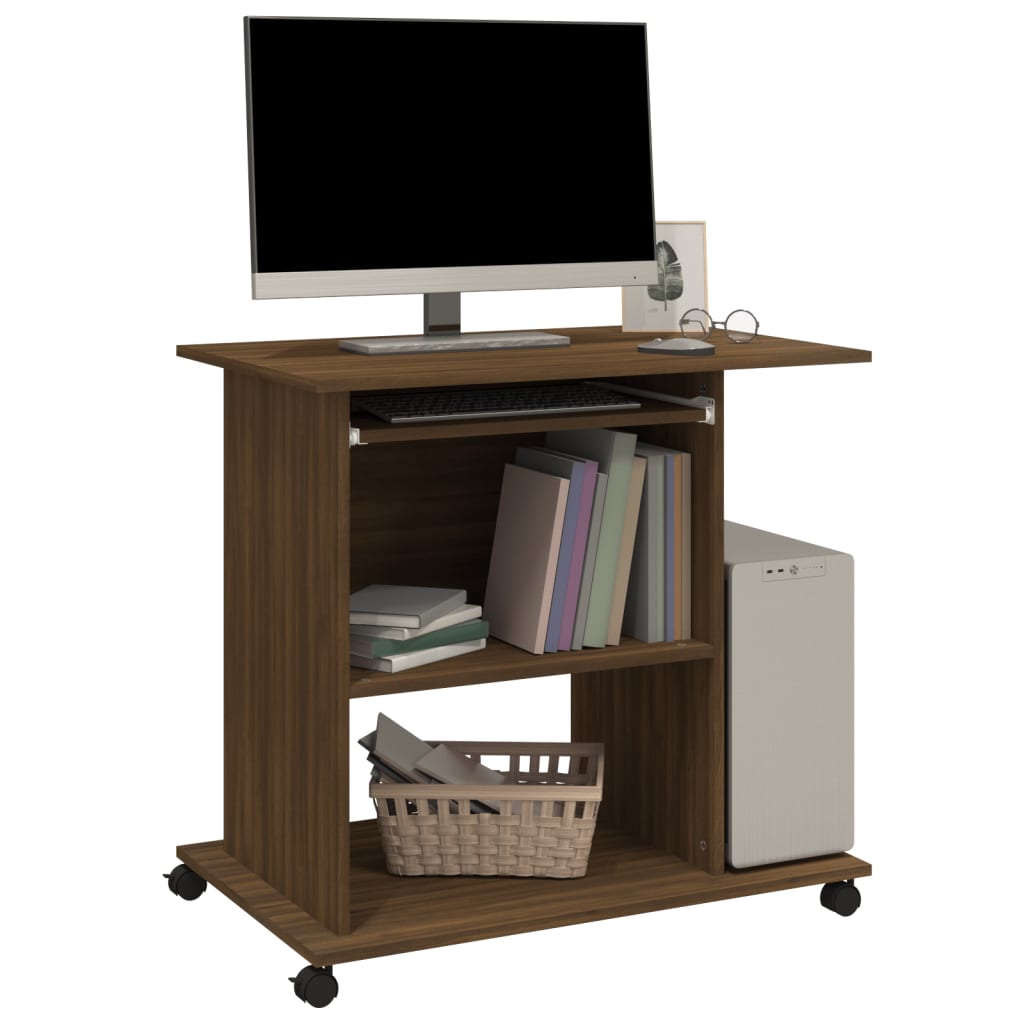 Modern Wooden Home Office Writing Computer Desk With Wheels & Keyboard Train