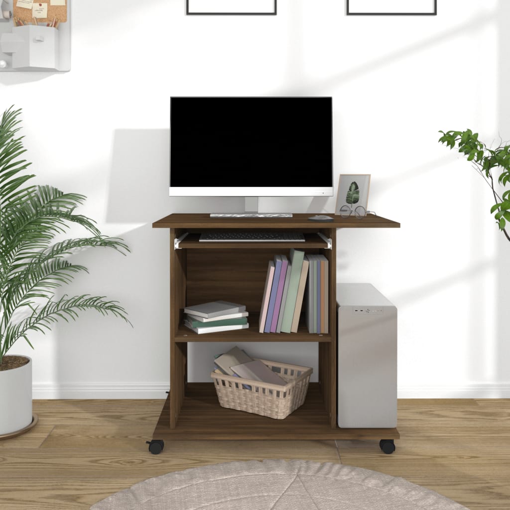 Modern Wooden Home Office Writing Computer Desk With Wheels & Keyboard Train