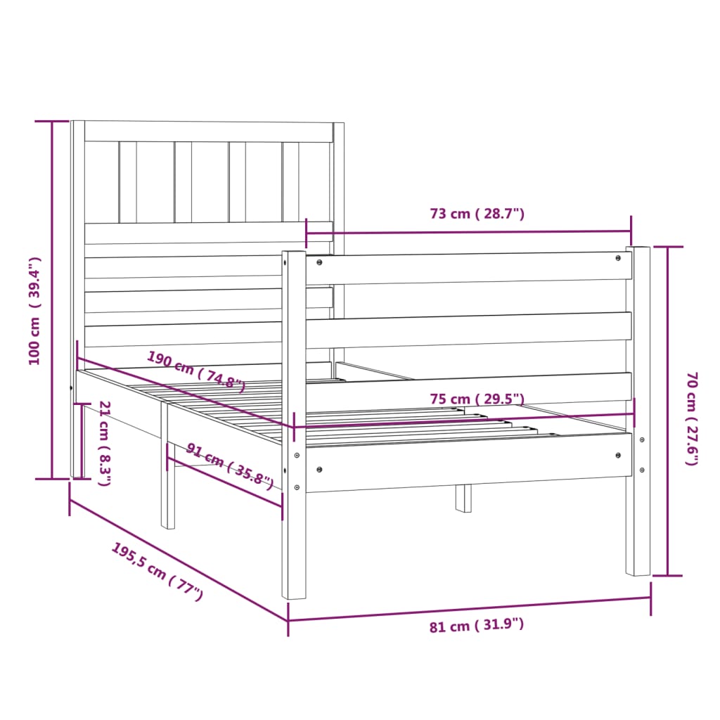 Bed Frame without Mattress White 75x190 cm Small Single  Solid Wood