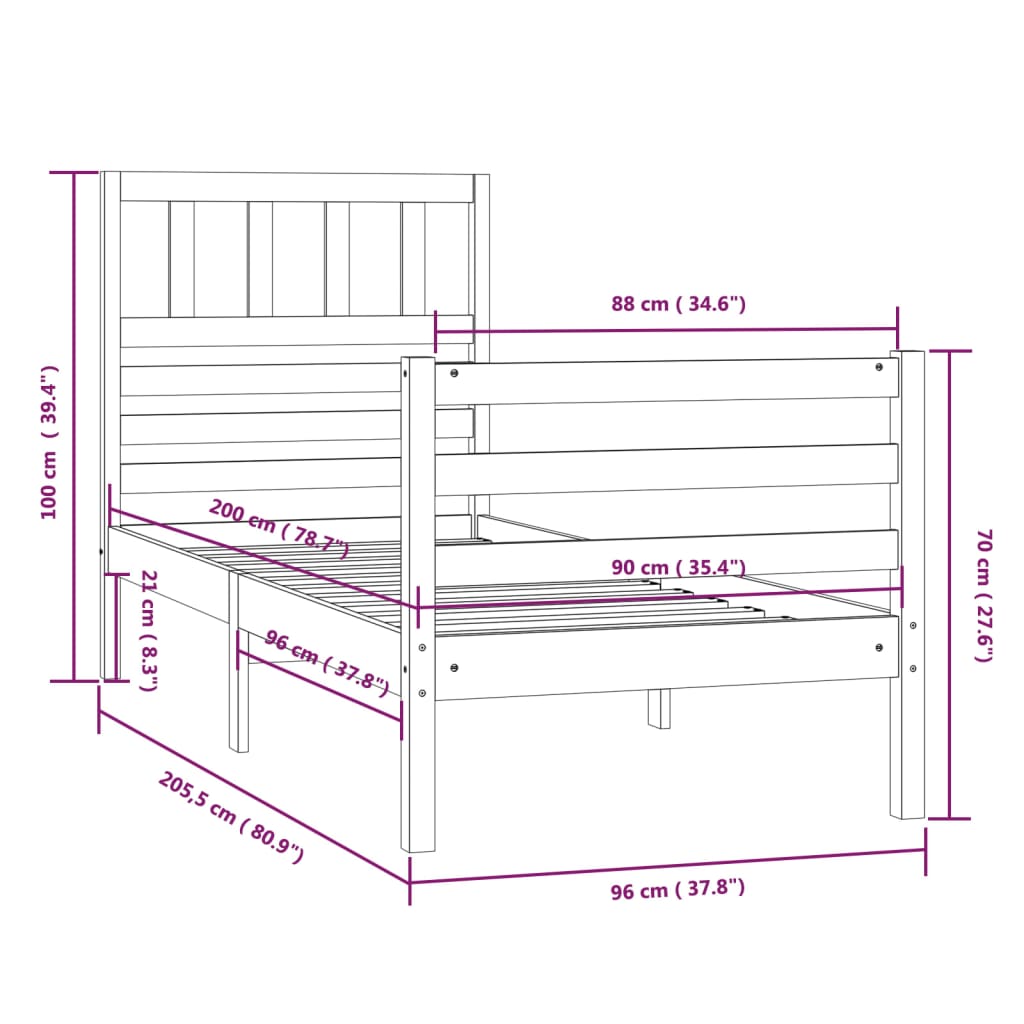 Bed Frame without Mattress Solid Wood 90x200 cm