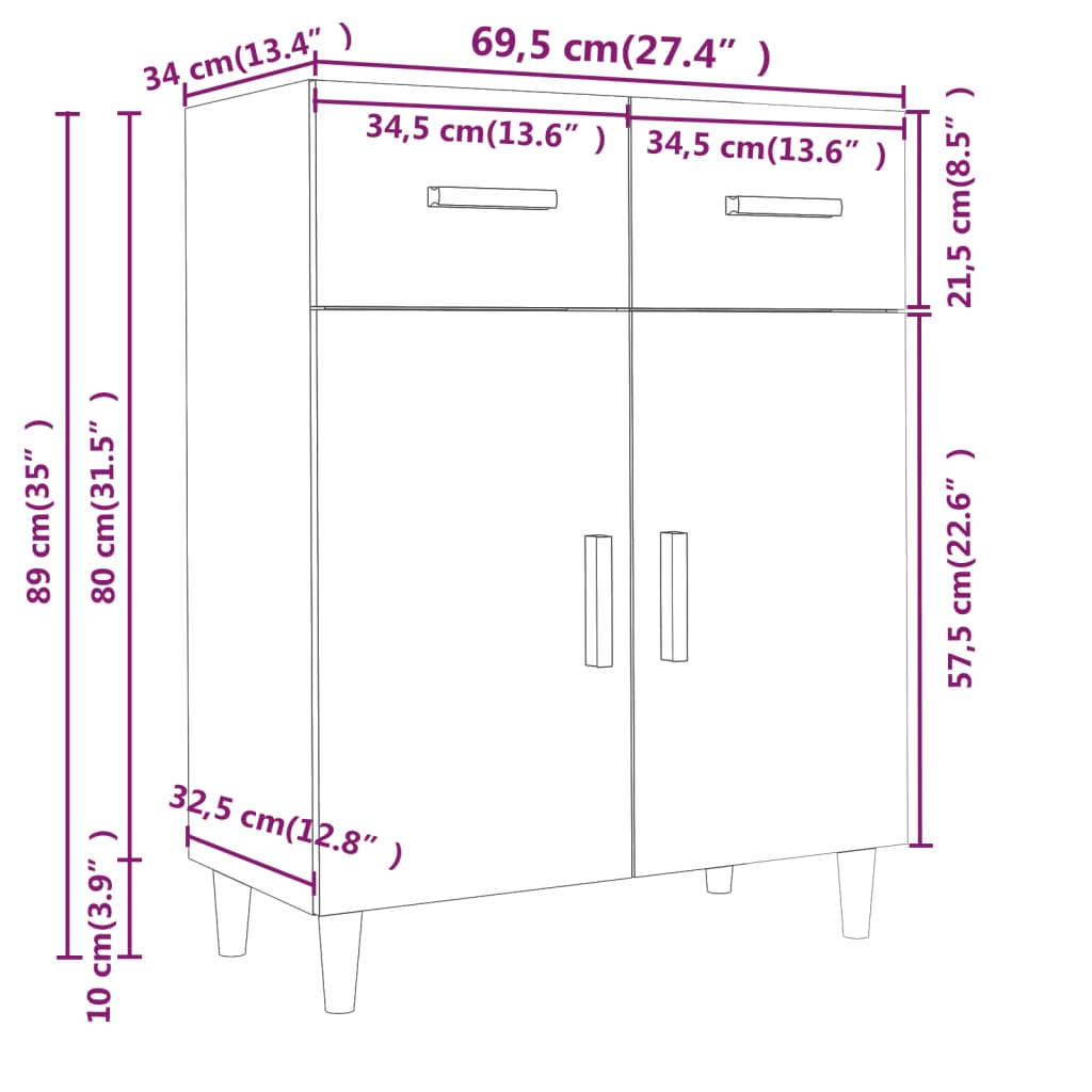 Sideboard High Gloss White 69.5x34x90 cm Engineered Wood