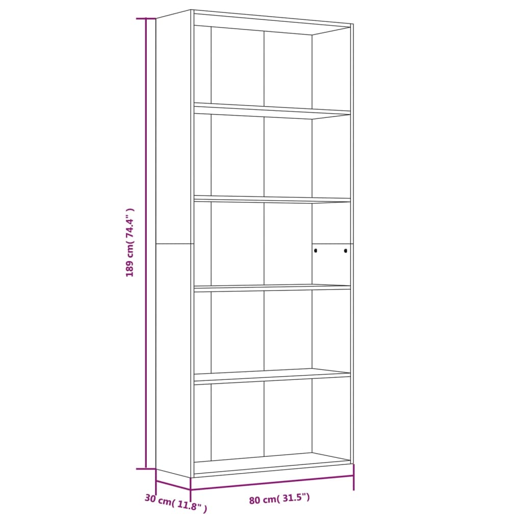 5-Tier Book Cabinet Brown Oak 80x30x189 cm Engineered Wood