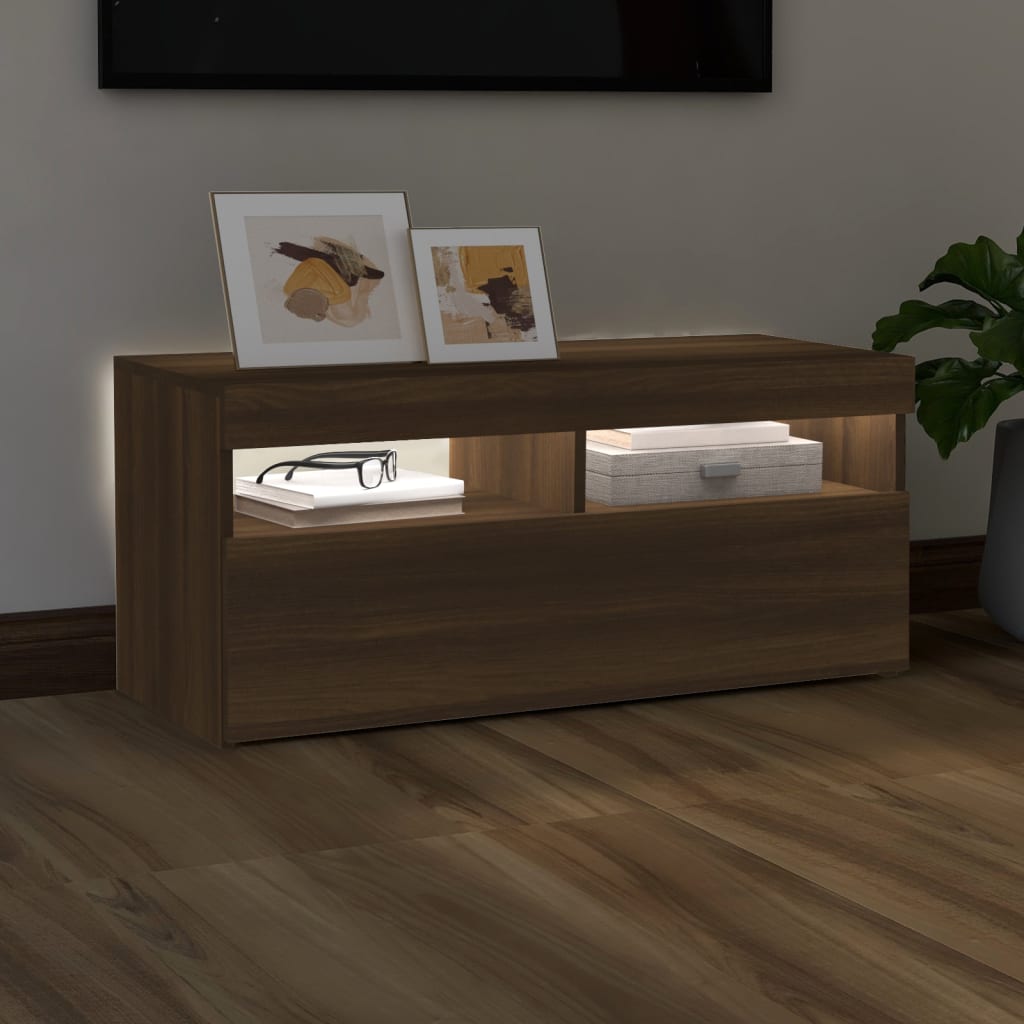 Modern Wooden TV Tele Stand Media Unit Cabinet With Storage & LED Lights Wood