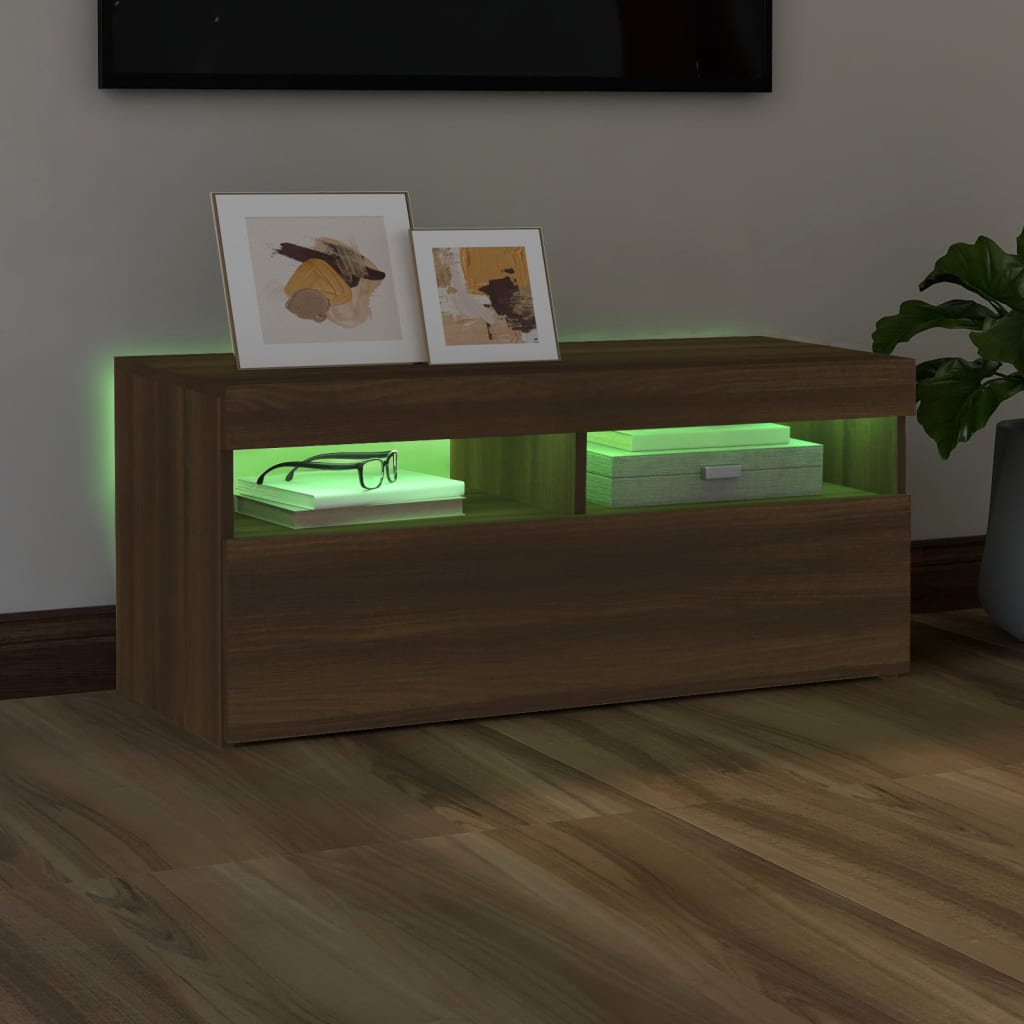 Modern Wooden TV Tele Stand Media Unit Cabinet With Storage & LED Lights Wood
