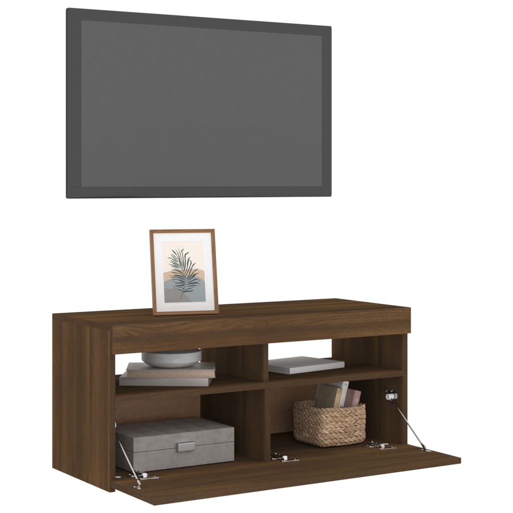 Modern Wooden TV Tele Stand Media Unit Cabinet With Storage & LED Lights Wood